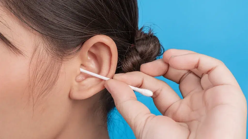 Persona introduciendo un hisopo en el oído lo que puede causar una perforación del tímpano.