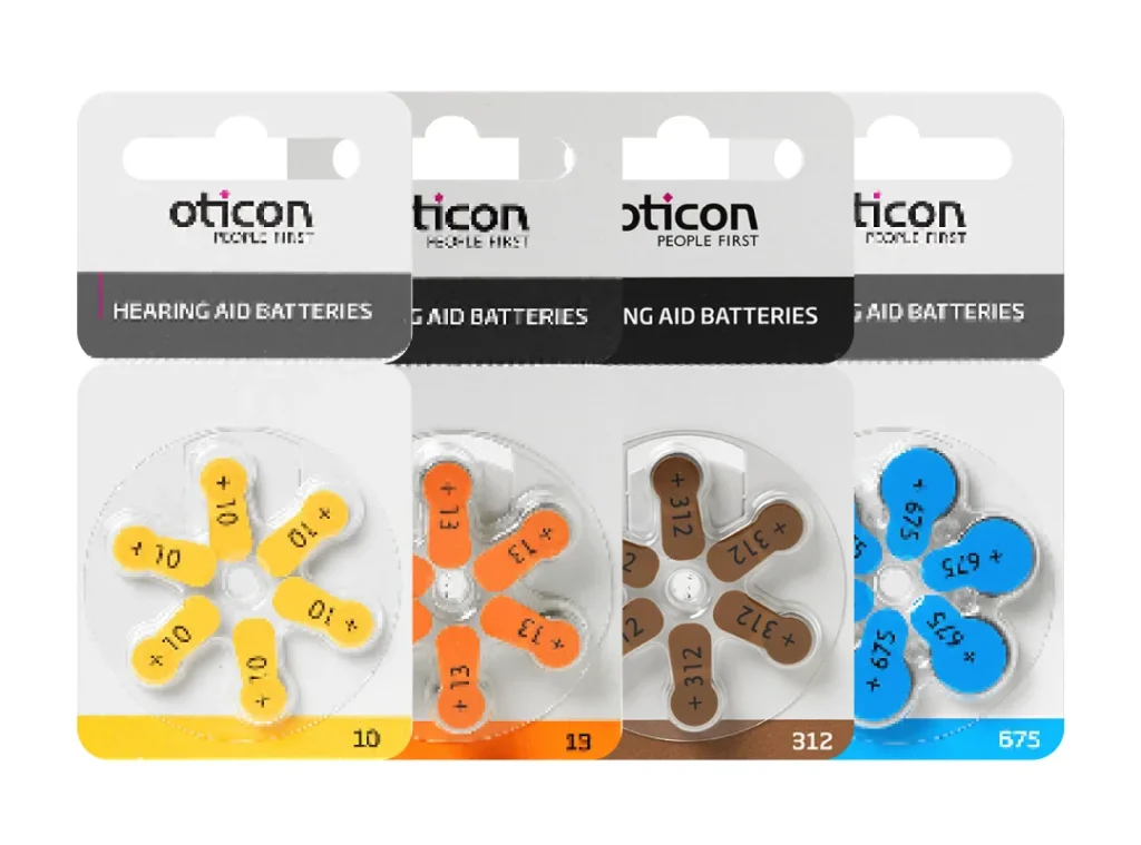 Pilas modelos 10, 13, 312 y 675 para audífonos medicados de la marca Oticon.