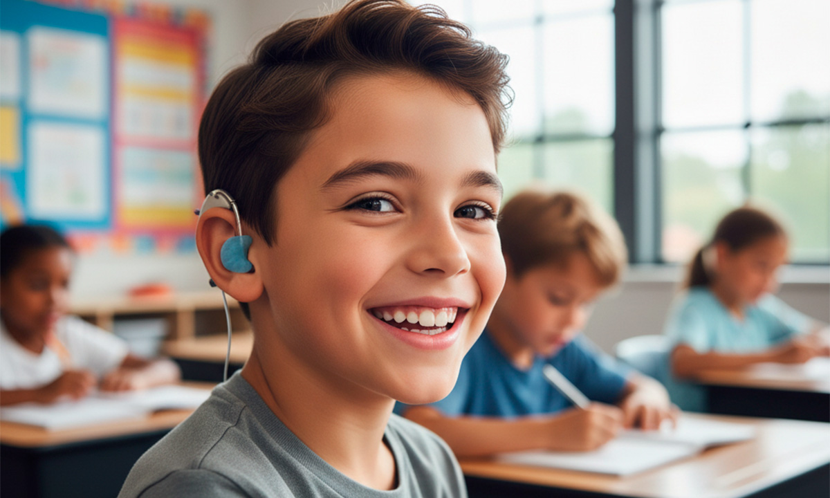 Niño utilizando audífono con molde auditivo de silicona