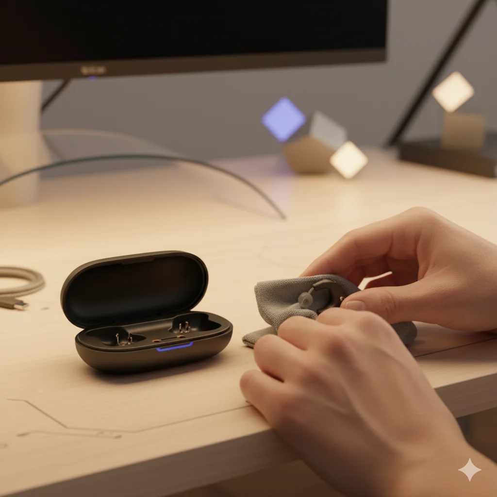 Usuario cuidando audífonos medicados recargables