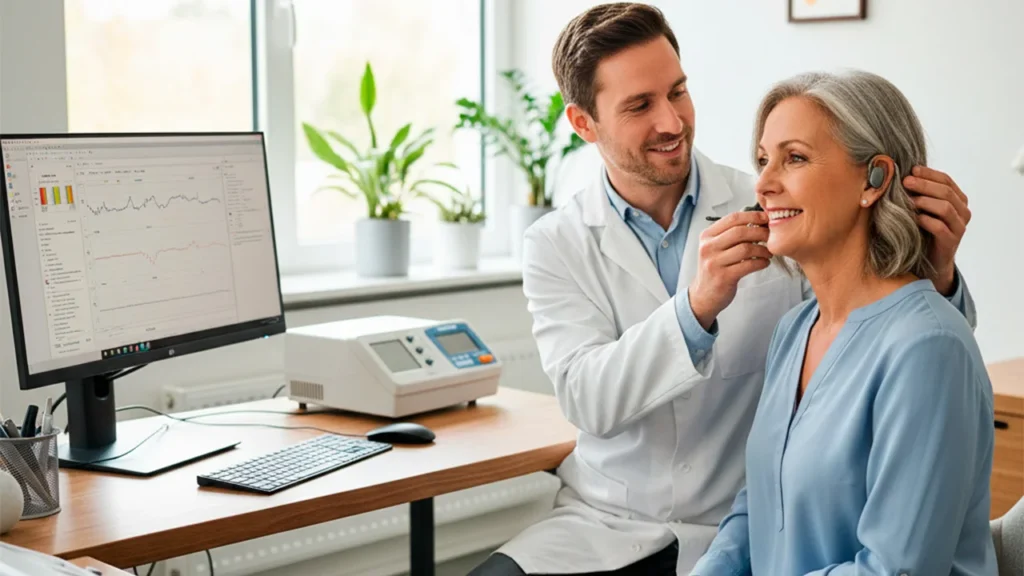 Usuario probando audífonos medicados en consultorio con audiológo
